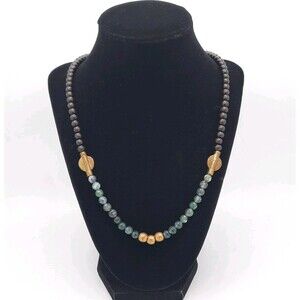 Handmade Moss Agate Necklace/ Wood & Brass Beads Bohemian Boho Earthy 31" XLNT